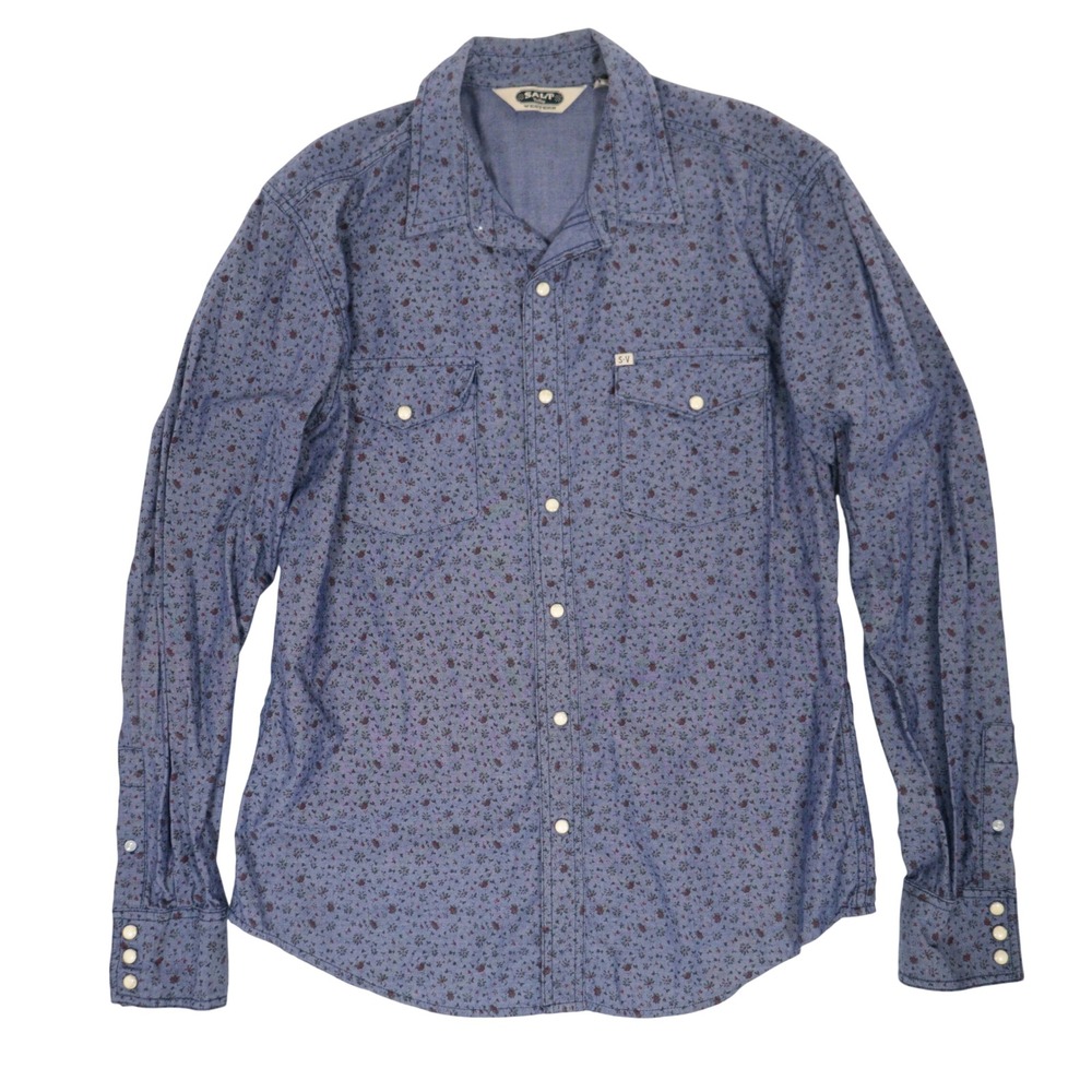 Salt Valley Western Shirt Floral Pearl Snap 100% Cotton Blue Cabbage Rose Men M